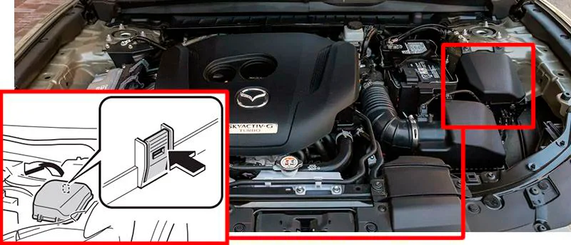 Расположение предохранителей в подкапотном пространстве Mazda CX-50.webp